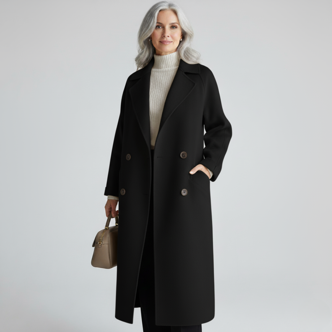 Elegant black double-breasted coat with notch lapels and long sleeves