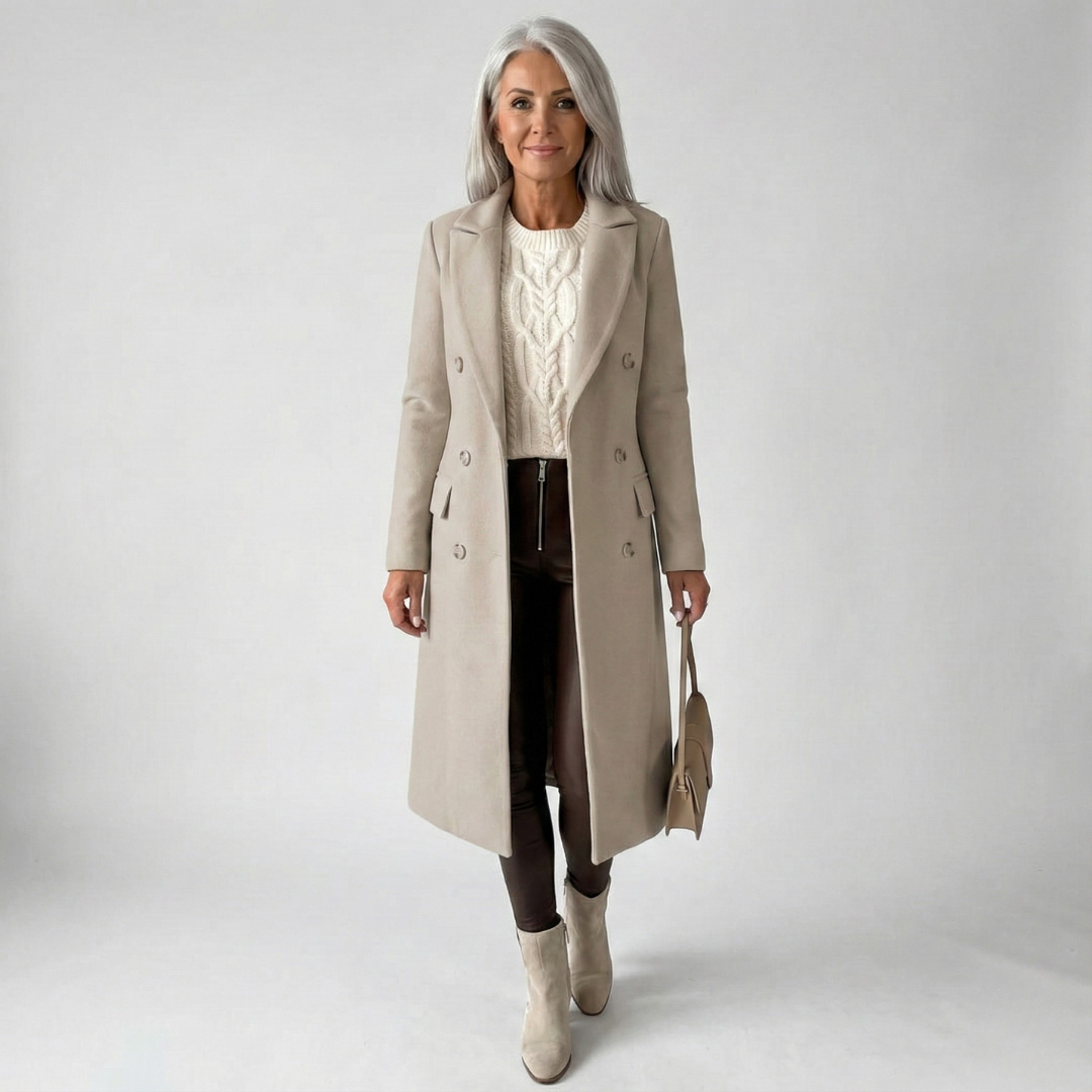 Beige longline coat with notch lapels, double-breasted buttons, and front pockets