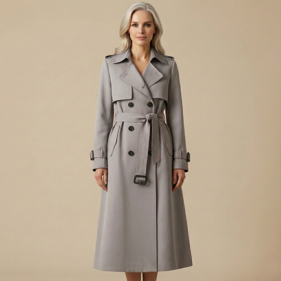 Grey belted trench coat with notched lapels, buttoned closure, and waist tie belt