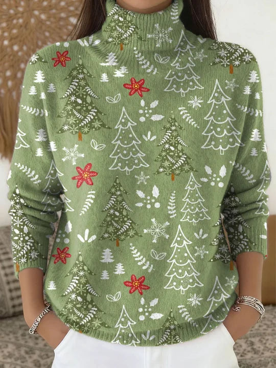 Green knit turtleneck sweater with Christmas tree and snowflake print, 3/4 sleeves