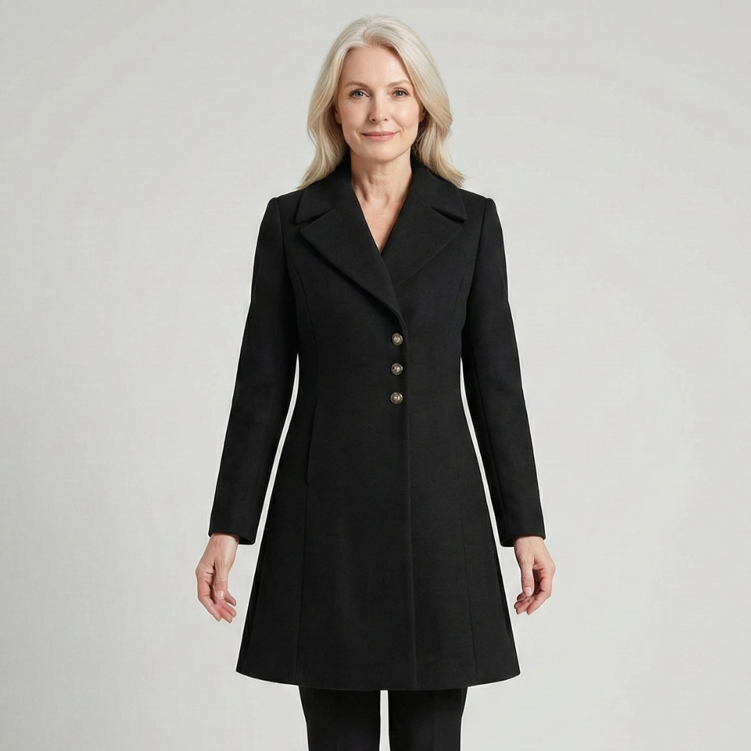 Women’s long black coat with notched lapels and button front
