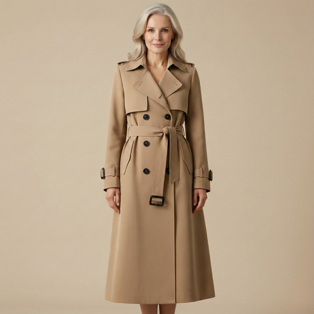 Khaki belted trench coat with buttoned flap pockets and shoulder epaulets, knee length