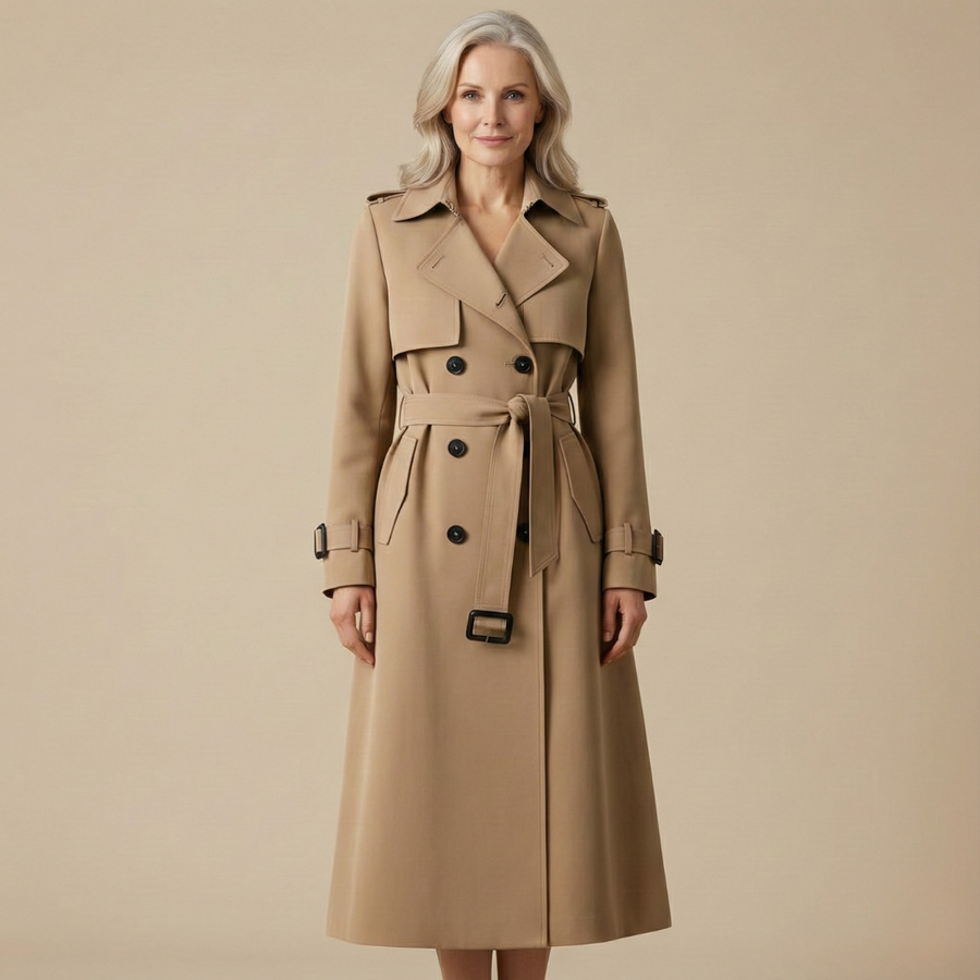 Khaki belted trench coat with buttoned flap pockets and shoulder epaulets, knee length