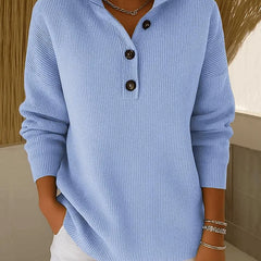 Sky blue V-neck polo sweater with short button placket and long sleeves