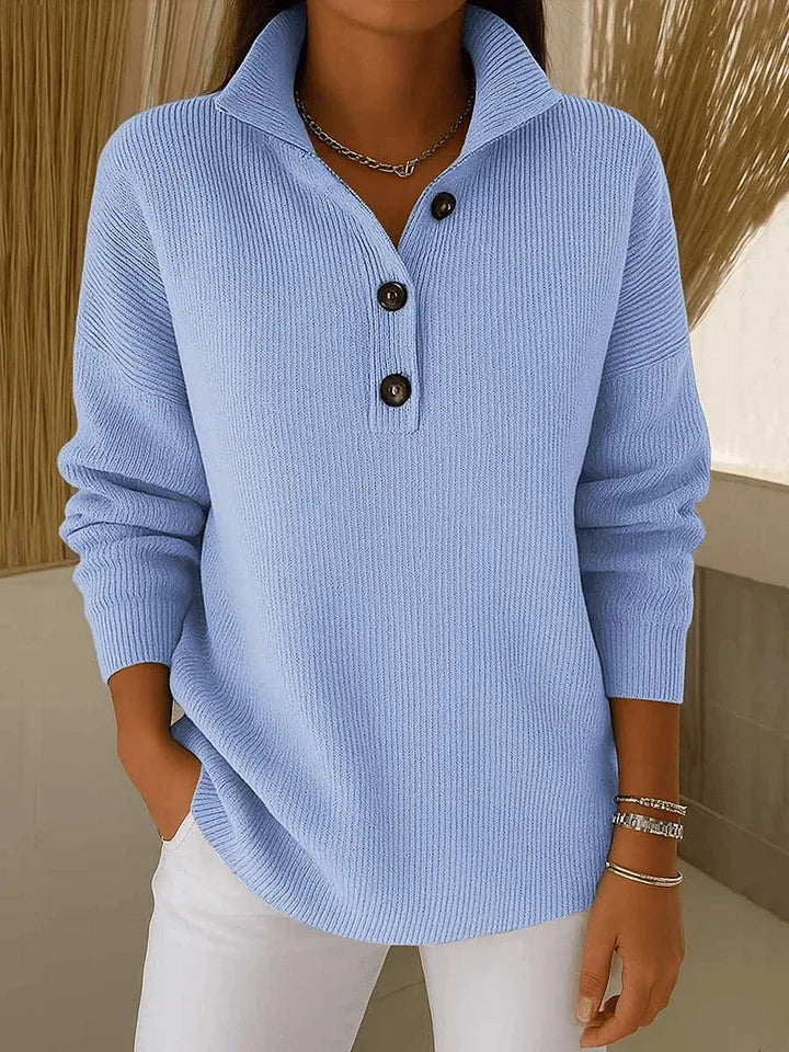 Sky blue V-neck polo sweater with short button placket and long sleeves