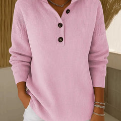 Blush pink V-neck polo sweater with button placket and long sleeves