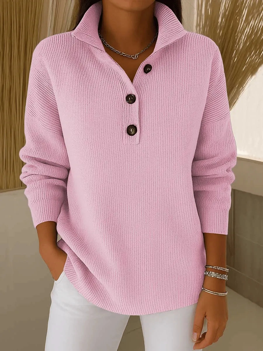 Blush pink V-neck polo sweater with button placket and long sleeves