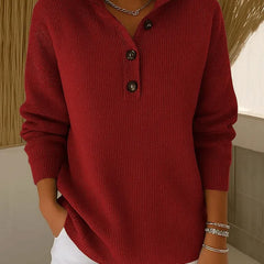 Burgundy V-neck polo sweater with button placket and long sleeves