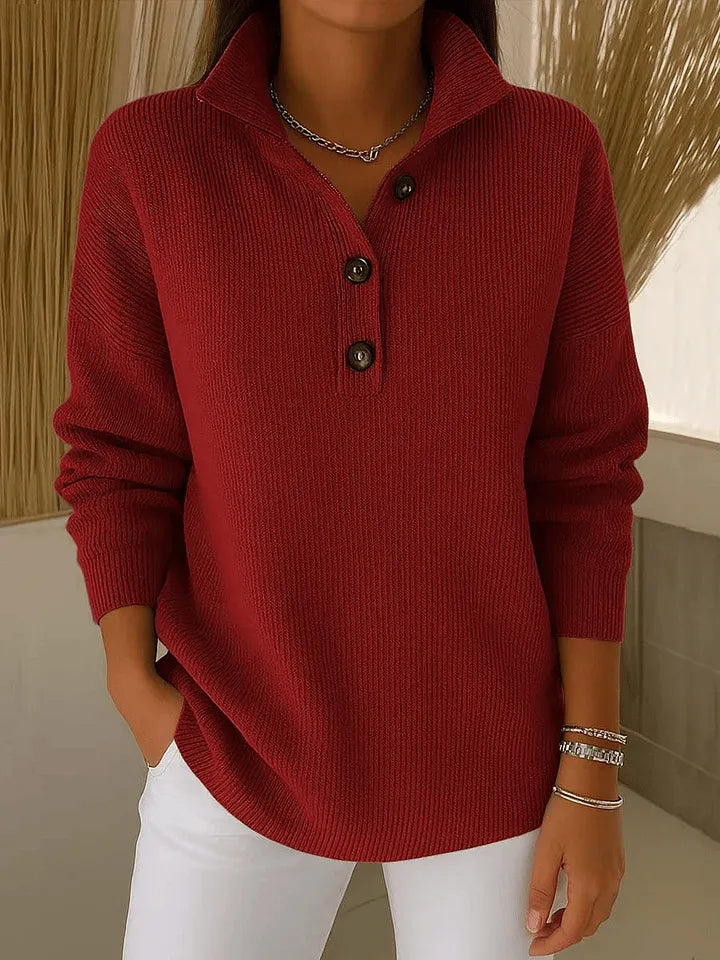 Burgundy V-neck polo sweater with button placket and long sleeves