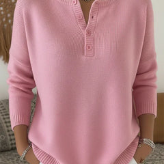 Light pink henley button-up knit sweater with front button placket