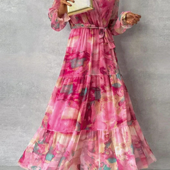 Floral tiered midi dress in pink, V-neck wrap style, long puff sleeves, gathered waist