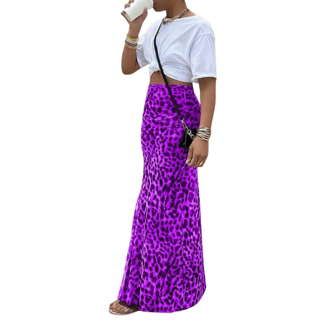 Purple leopard print fishtail midi skirt with a long A-line drape