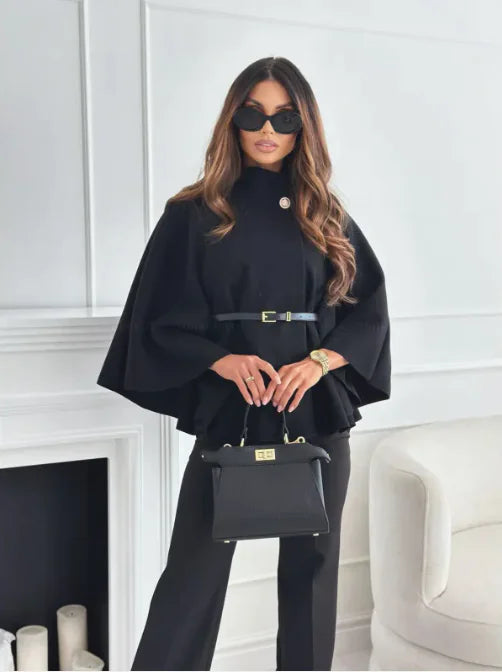 GAMORA high-neck cape jacket, black with cape sleeves and waist belt