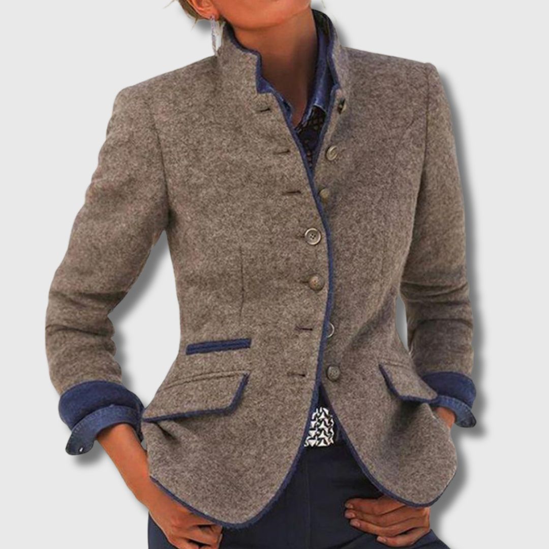 Heather brown classic blend blazer, button front, flap pockets, contrast blue cuffs