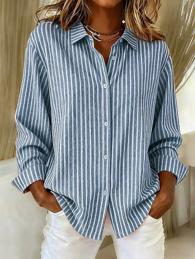 Striped button-down shirt in blue with long sleeves and button front