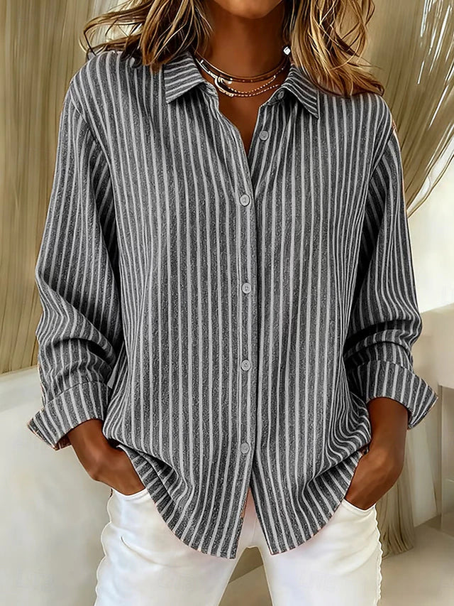 Striped button-down shirt in gray with long sleeves and button front