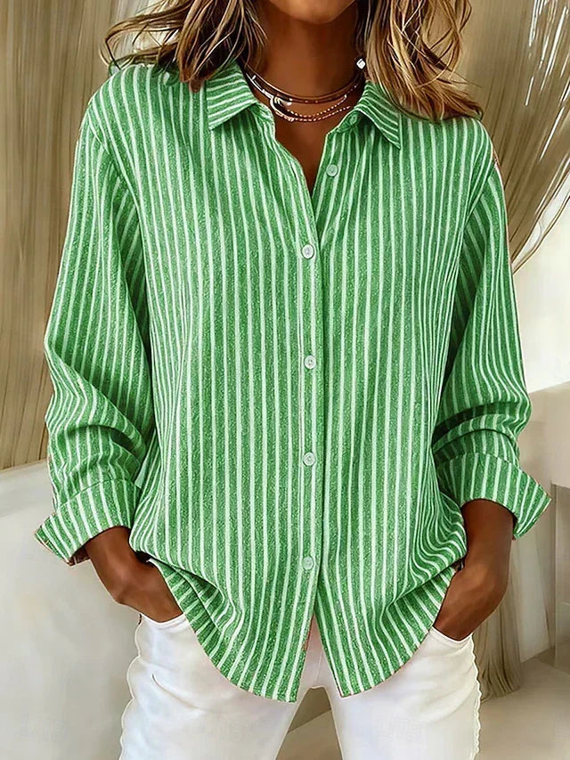 Striped button-down shirt in green with long sleeves and button front