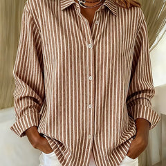 Striped button-down shirt in brown with long sleeves and button front