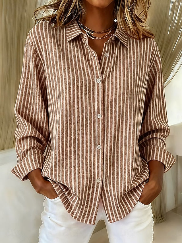 Striped button-down shirt in brown with long sleeves and button front