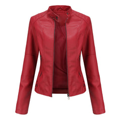 Red sleek zip-up jacket with stand collar and front zipper
