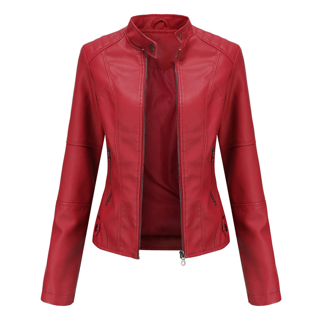 Red sleek zip-up jacket with stand collar and front zipper