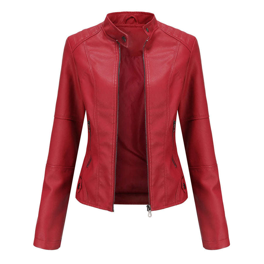 Red sleek zip-up jacket with stand collar and front zipper