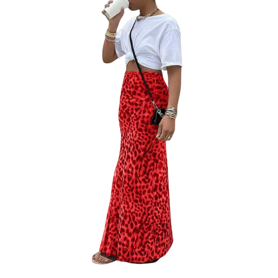 Red leopard print fishtail midi skirt with a flowing A-line silhouette