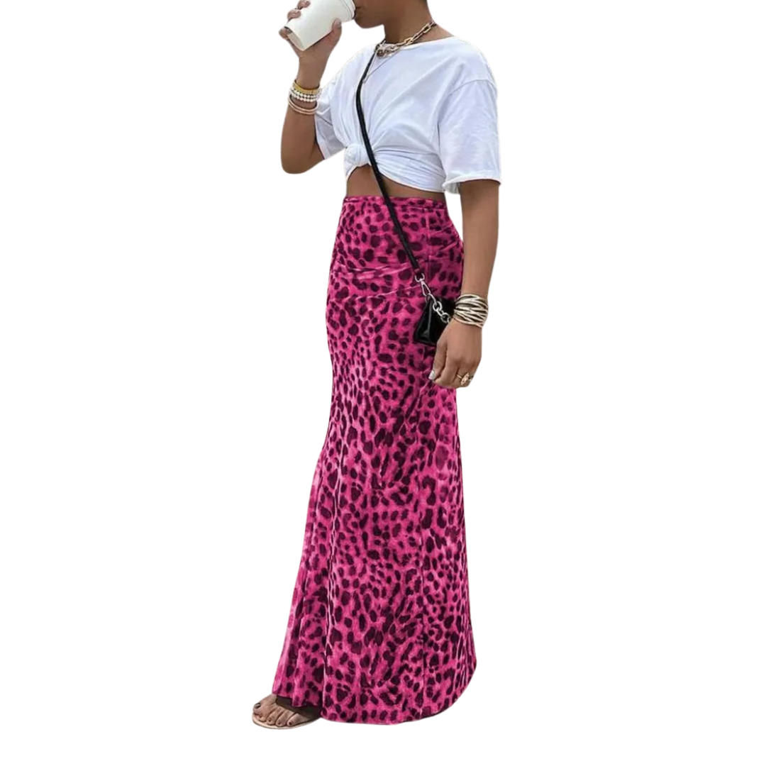 Pink leopard print fishtail midi skirt with a long A-line silhouette
