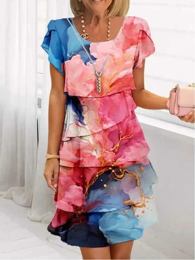 Multicolor ruffle dress with short sleeves and scoop neckline