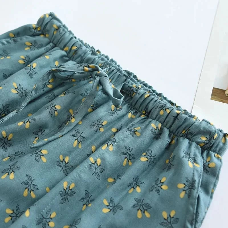 Blue patterned lounge trousers close-up of gathered elastic waistband