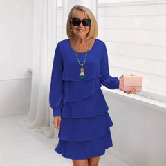 Blue ruffle tier long-sleeve dress with layered skirt, round neckline