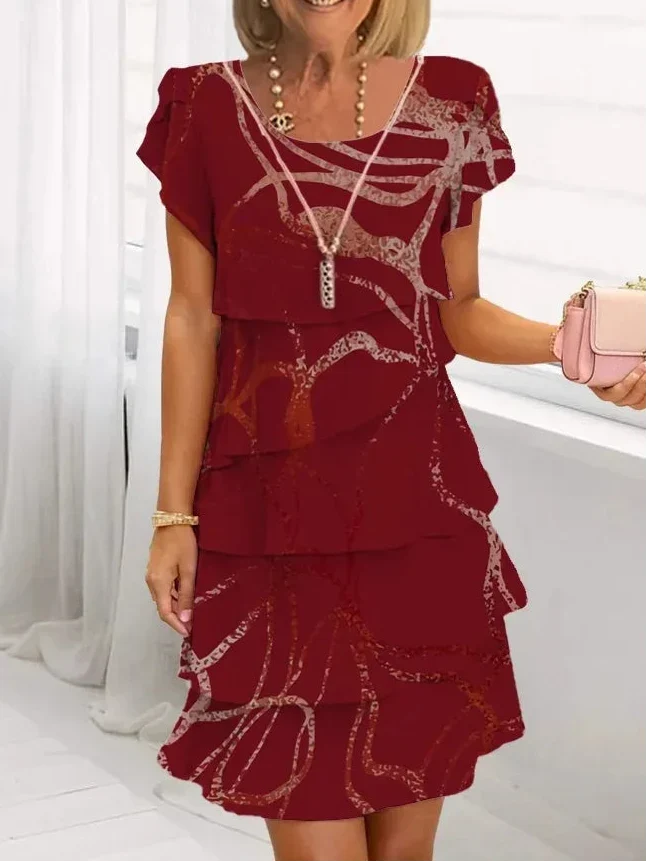Deep red ruffle dress with short sleeves and tiered skirt, white lace trim detail