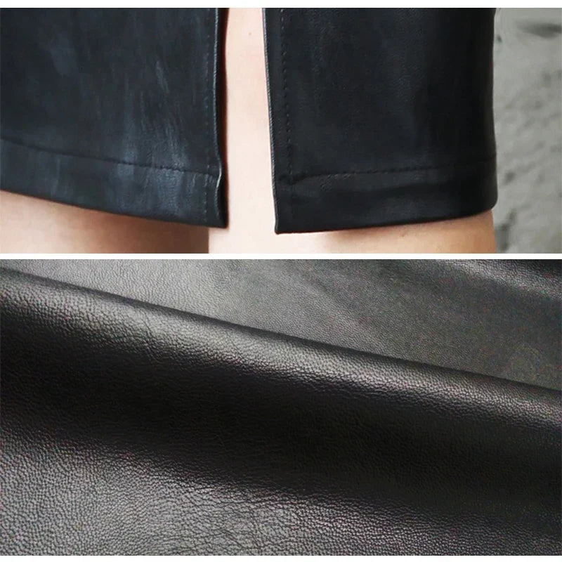 Black leather skirt fabric close-up with smooth grain texture