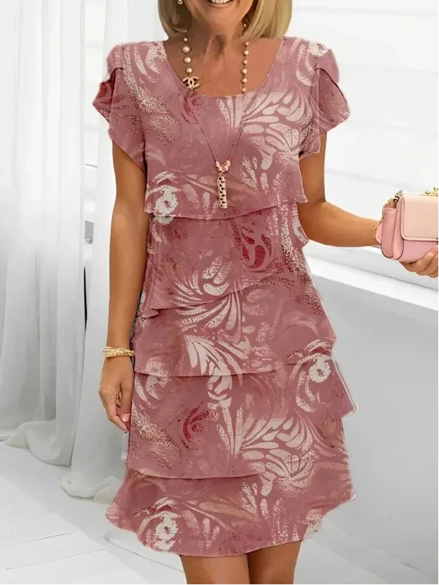 Pink ruffle dress with V-neck, layered short sleeves and tiered hem