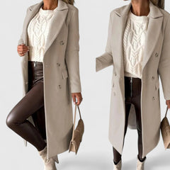 Beige longline coat detail: notch lapels, button front, long sleeves, side pockets
