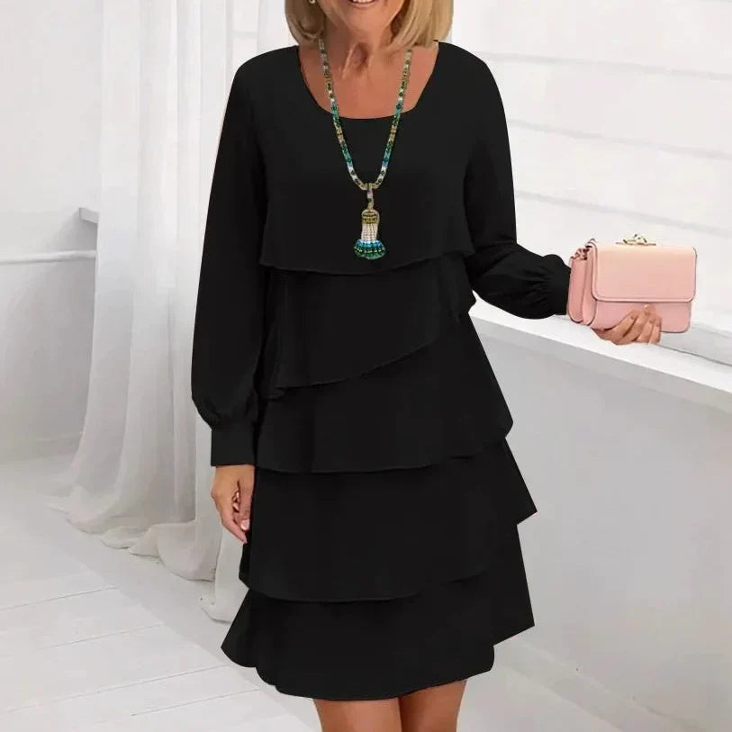 Black ruffle tier long-sleeve dress with layered skirt, round neckline