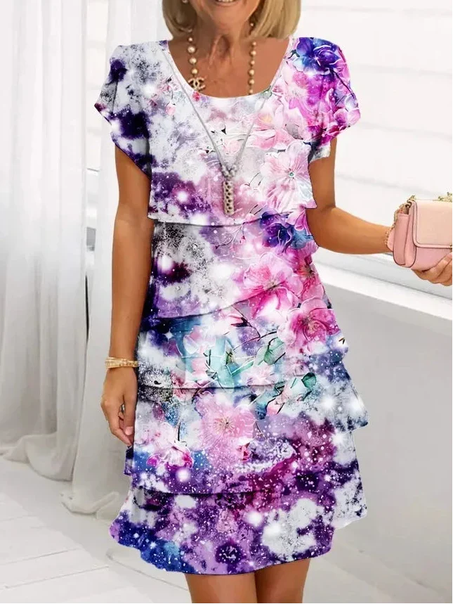 Purple floral galaxy ruffle dress with V-neck, short sleeves, and layered skirt