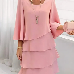 Pink ruffle dress with long bell sleeves and layered tier skirt, scoop neckline