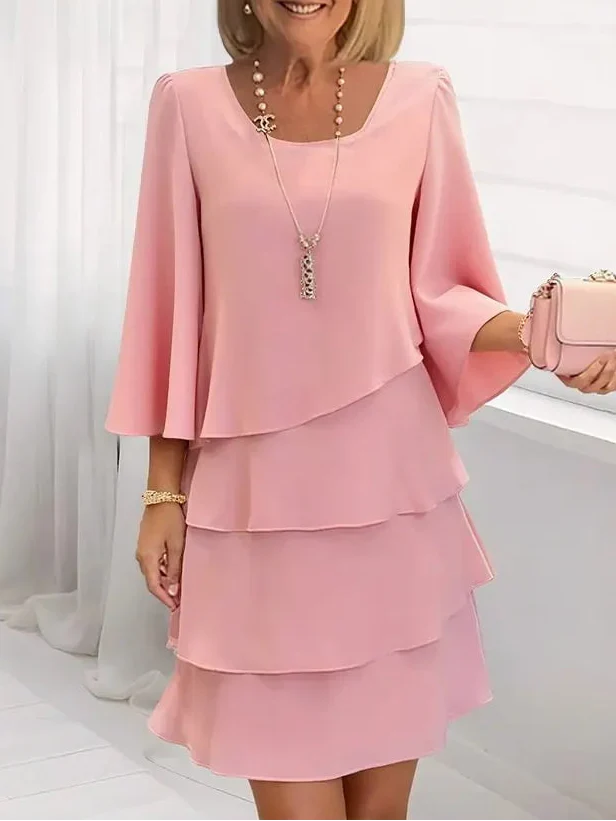 Pink ruffle dress with long bell sleeves and layered tier skirt, scoop neckline