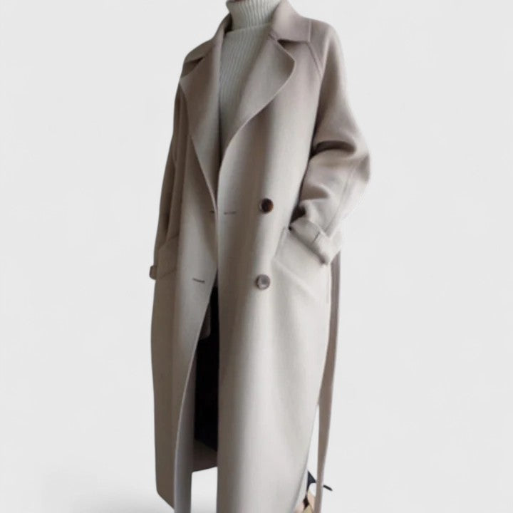 Elegant light beige double-breasted coat with notch lapels and front buttons