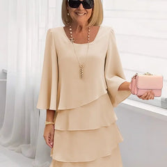 Khaki ruffle dress with long bell sleeves and layered tier skirt, scoop neckline