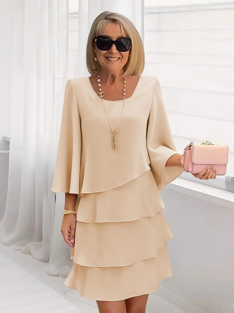Khaki ruffle dress with long bell sleeves and layered tier skirt, scoop neckline