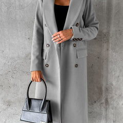 Slate gray longline double-breasted coat with notched lapels and flap pockets