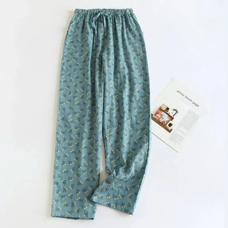 Blue patterned lounge trousers with elastic waistband and loose straight legs