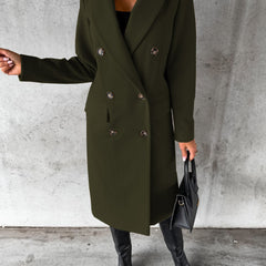 Military green longline double-breasted coat with notched lapels and flap pockets