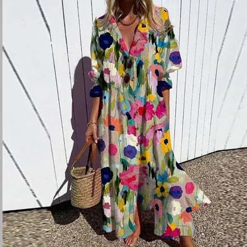 Boho maxi dress with multicolor floral print, V-neck, button front, ruffled sleeves