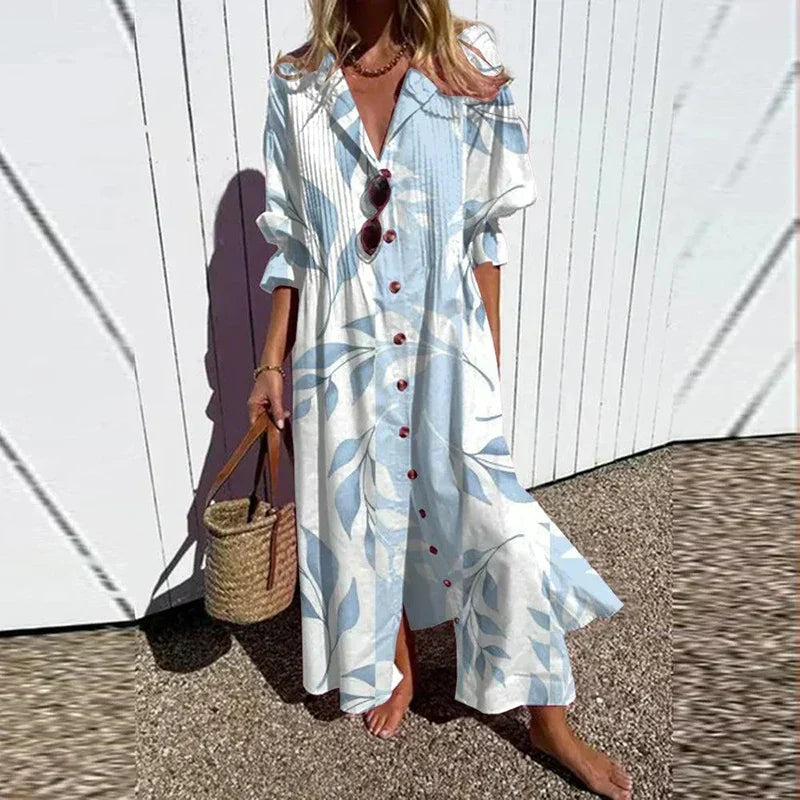 Boho maxi dress with white and light blue printed pattern, V-neck, button front