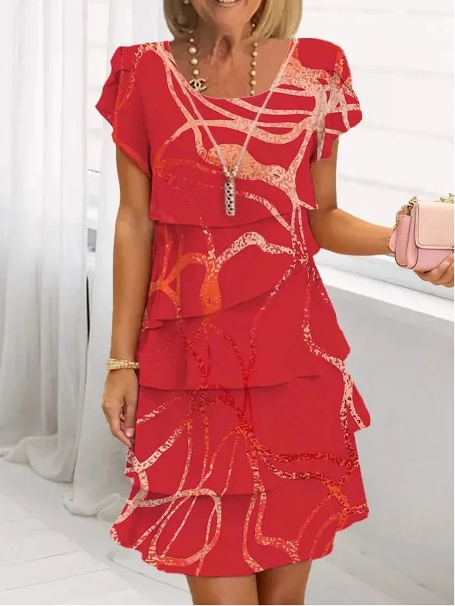 Red ruffle dress with layered tiers and short puff sleeves