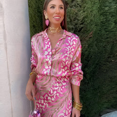 Pink and cream patterned button-front midi dress with tie waist