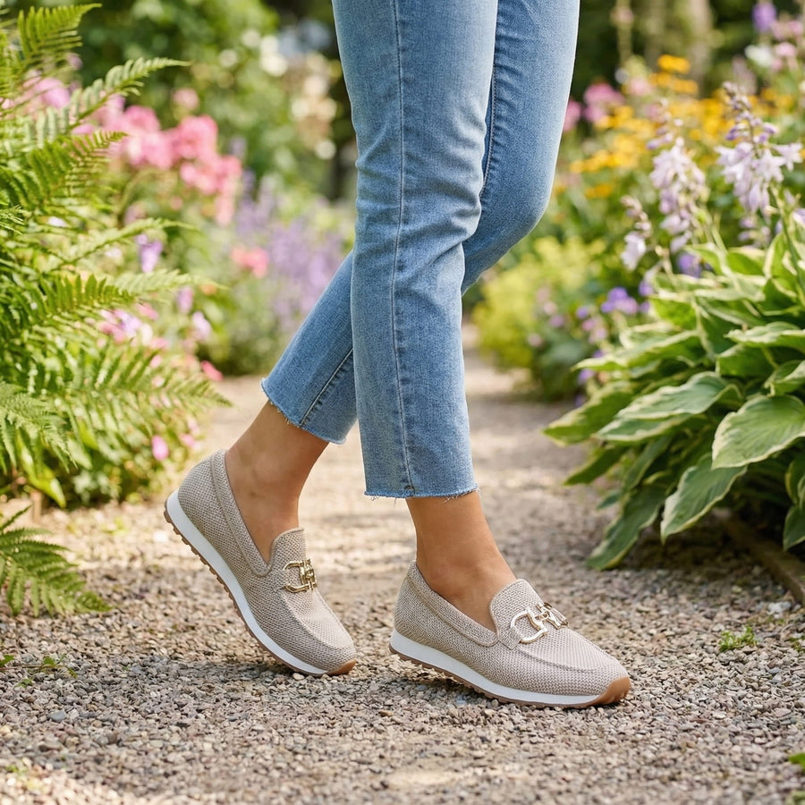 Grey mesh loafer with gold-tone buckle-bit detail and cushioned sole